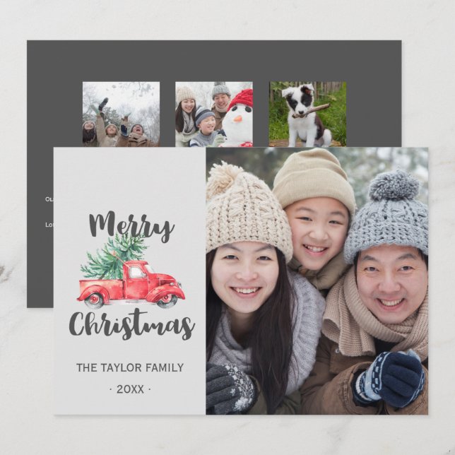 Red Truck & Tree Year In Review Christmas Photo Holiday Card (Front/Back)