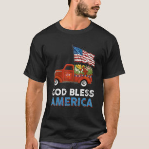 Red Truck Usa Flag Flowers God Bless America 4th O T-Shirt
