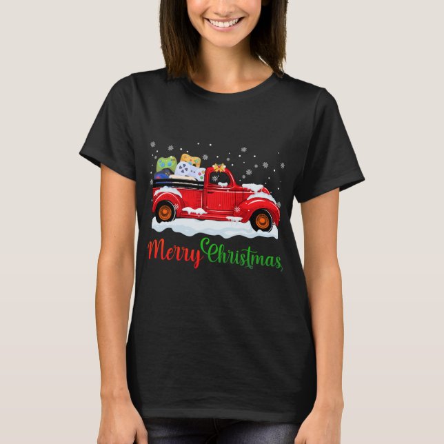 Red Truck Video Game Controllers Merry Christmas M T-Shirt (Front)