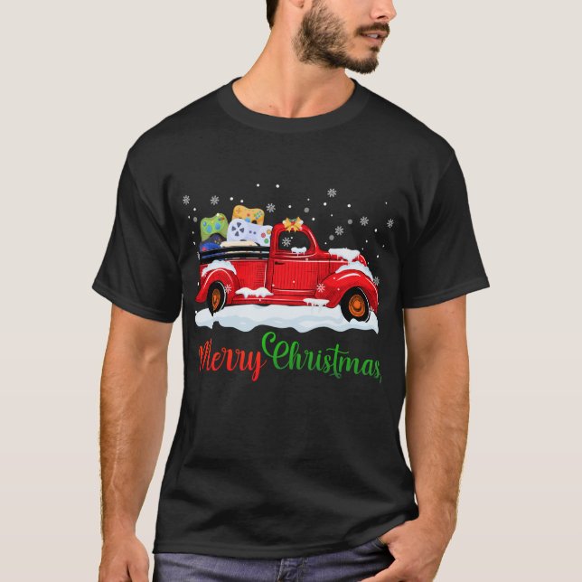 Red Truck Video Game Controllers Merry Christmas M T-Shirt (Front)