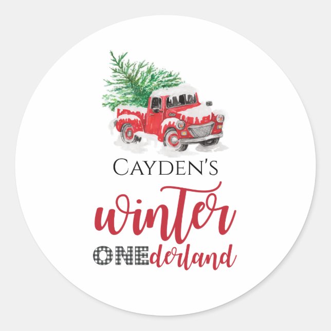 Red Truck Winter Onederland First Birthday Favour Classic Round Sticker (Front)