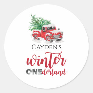 Red Truck Winter Onederland First Birthday Favour Classic Round Sticker