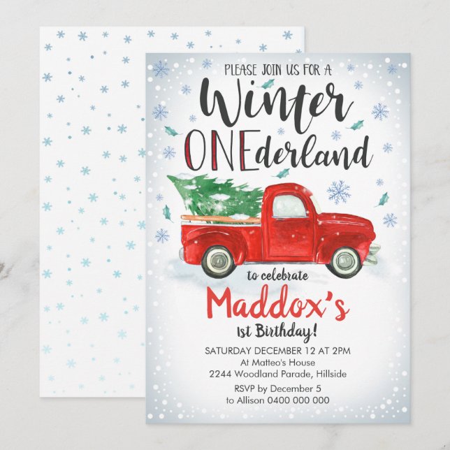 Red Truck Winter ONEderland Invitation Boy 1st (Front/Back)