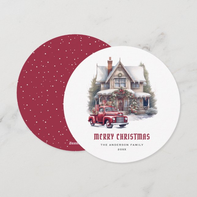 Red Truck Winter Wonderland Merry Christmas Card (Front/Back)
