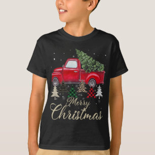 Red Truck With Buffalo Plaid And Leopard Christmas T-Shirt