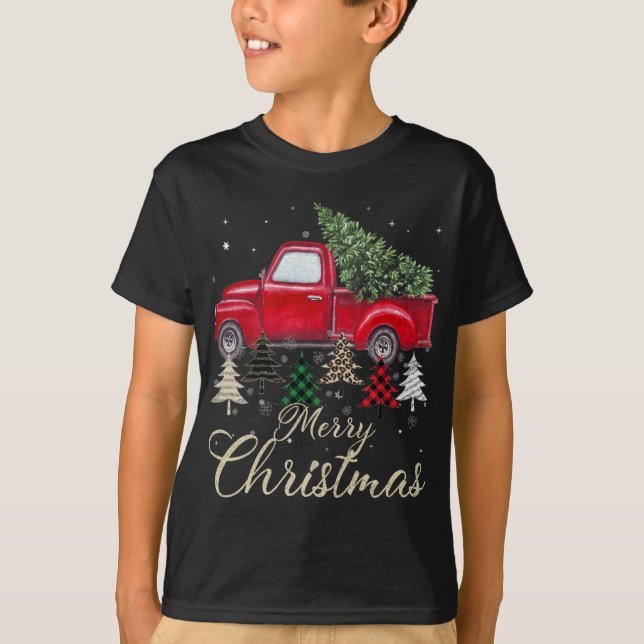 Red Truck With Buffalo Plaid And Leopard Christmas T-Shirt (Front)
