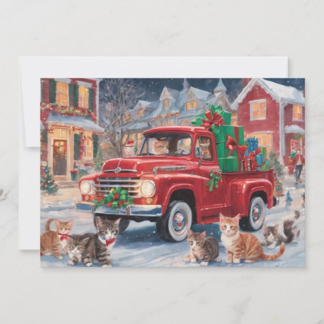 Red truck with Christmas Kitty Cats Holiday Card (Front)