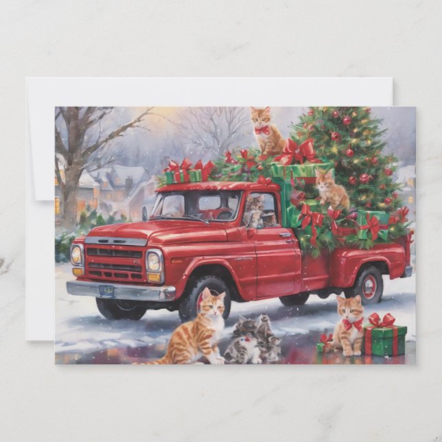 Red truck with Christmas Presents and Kitty Cats Holiday Card (Front)