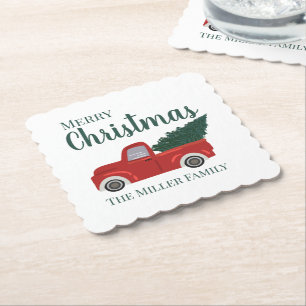 Red truck with Christmas tree custom family name Paper Coaster