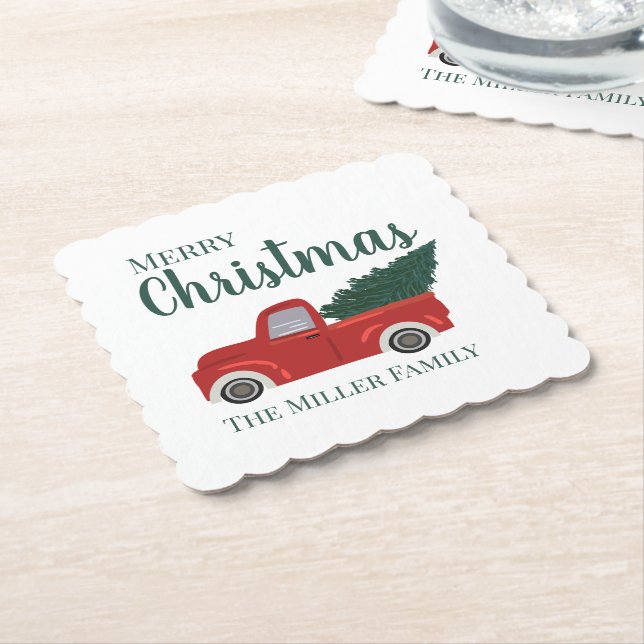 Red truck with Christmas tree  custom family name Paper Coaster (Angled)