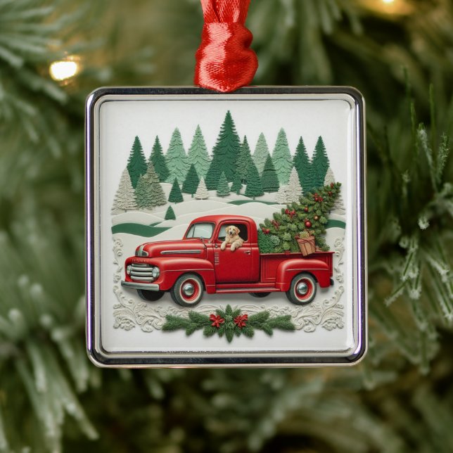 Red Truck with Christmas Tree  Metal Tree Decoration (Tree)