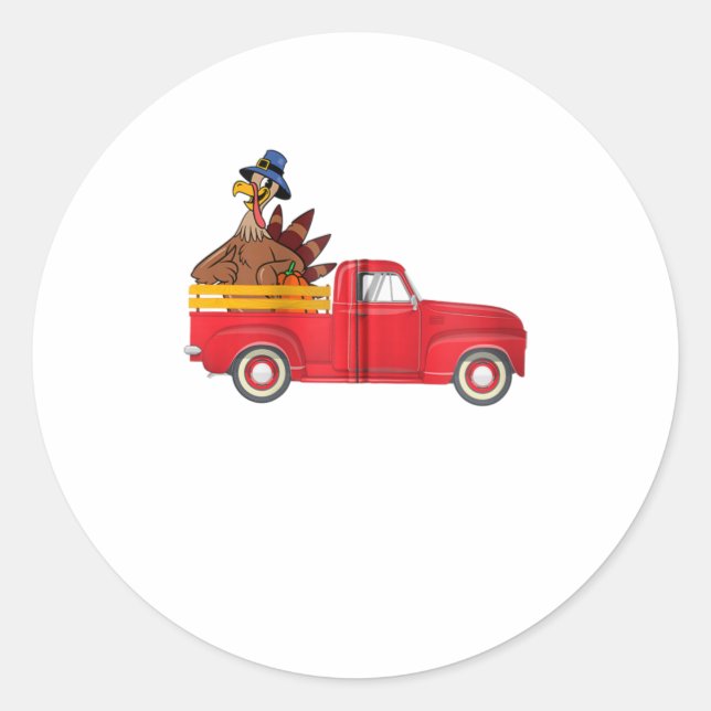 Red Truck with Funny Cute Turkey for Thanksgivi Classic Round Sticker (Front)