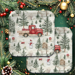 Red Truck with Gifts and Snowman Paper Plate