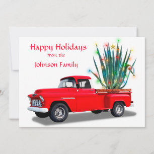 Red Truck with Glowing Cactus on white, Flat, Holi Holiday Card