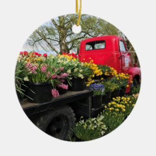 Red Truck with Spring Flowers & Rainbow Ceramic Tree Decoration
