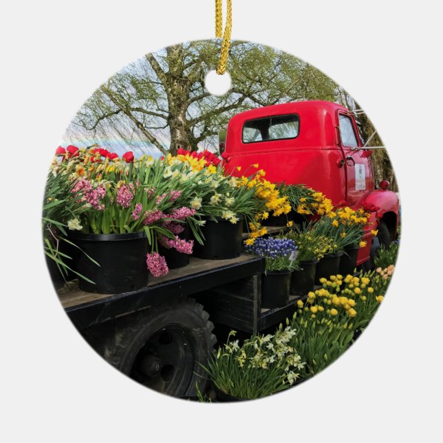 Red Truck with Spring Flowers & Rainbow Ceramic Tree Decoration (Front)