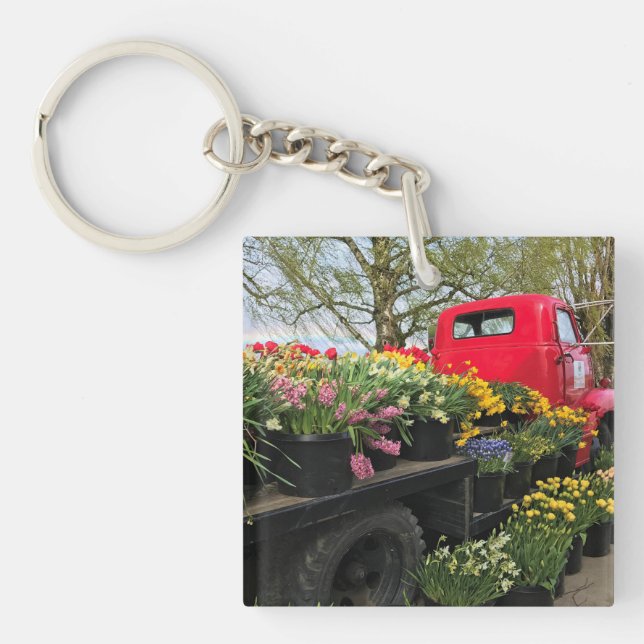 Red Truck with Spring Flowers & Rainbow Key Ring (Front)