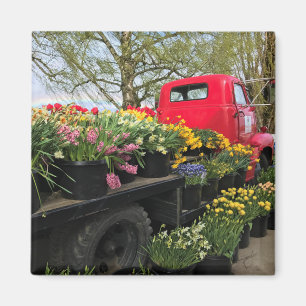 Red Truck with Spring Flowers & Rainbow Magnet