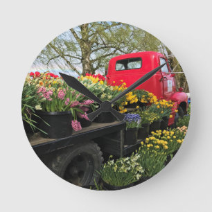 Red Truck with Spring Flowers & Rainbow Round Clock