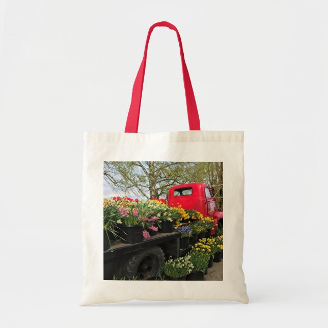 Red Truck with Spring Flowers & Rainbow Tote Bag (Front)