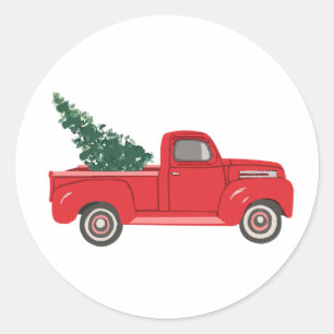 Red Truck with tree Art Painting Classic Round Sticker