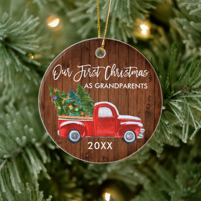 Red Truck Wood First Christmas as Grandparents Ceramic Tree Decoration (Tree)