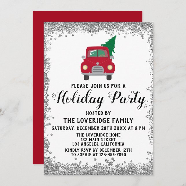 Red Truck Xmas Tree Christmas Holiday Party Silver Invitation (Front/Back)