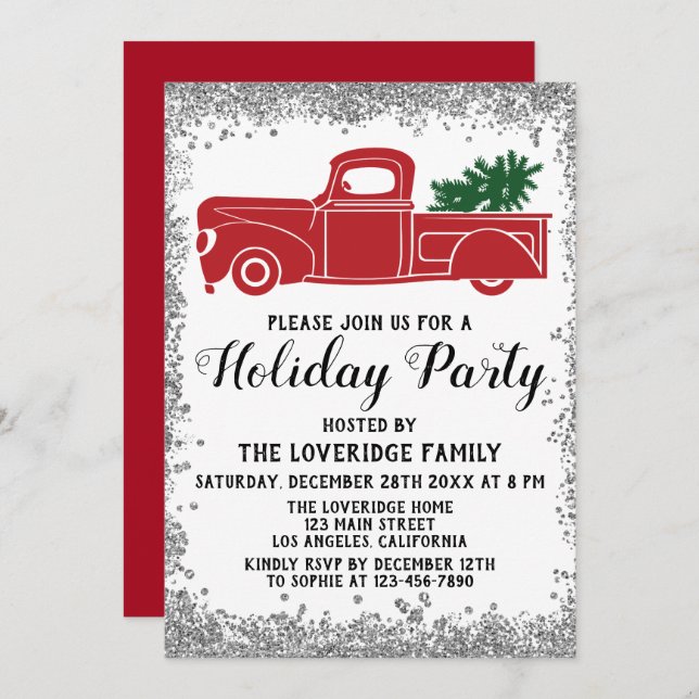 Red Truck Xmas Tree Christmas Holiday Party Silver Invitation (Front/Back)