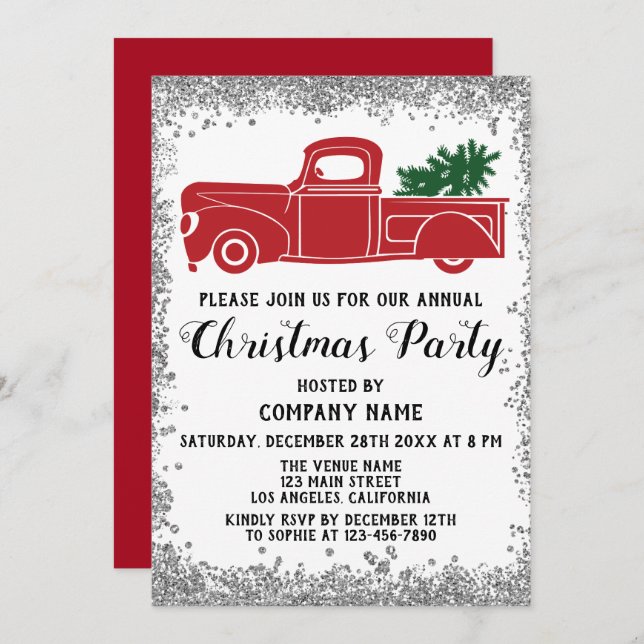 Red Truck Xmas Tree Company Christmas Party Silver Invitation (Front/Back)