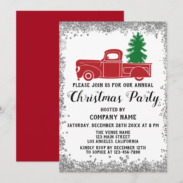 Red Truck Xmas Tree Company Christmas Party Silver Invitation (Front/Back)