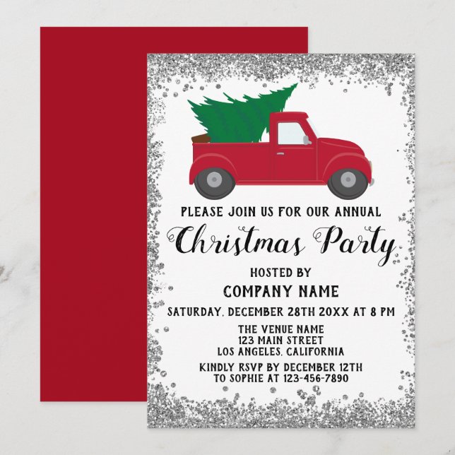 Red Truck Xmas Tree Company Christmas Party Silver Invitation (Front/Back)