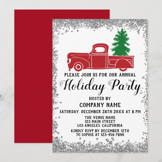Red Truck Xmas Tree Company Holiday Party Silver Invitation (Front/Back)
