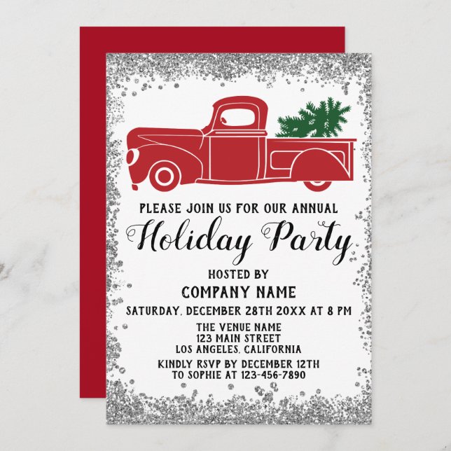 Red Truck Xmas Tree Company Holiday Party Silver Invitation (Front/Back)