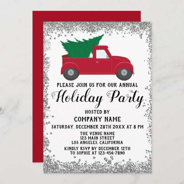 Red Truck Xmas Tree Company Holiday Party Silver Invitation (Front/Back)