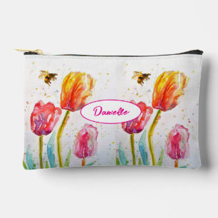 Red Tulip and Bee Flower Pattern Watercolor Girls Accessory Pouch