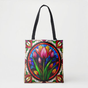 Red Tulip and Colourful Floral Motifs Tote Bag