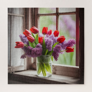 Red Tulip and Lilac Bouquet Jigsaw Puzzle