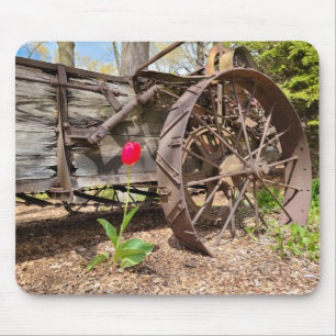 Red Tulip and Old Wagon Mouse Mat