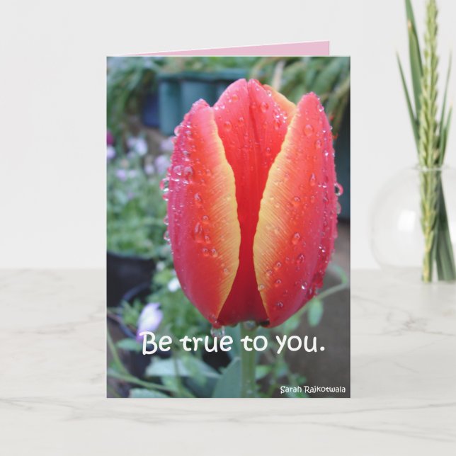 Red Tulip and Raindrops floral Be True To You Card (Front)
