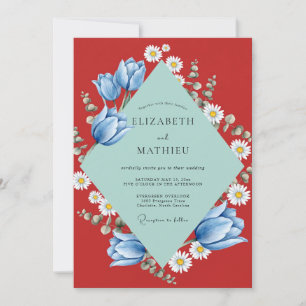 Red Tulip Daisy Eucalyptus Wedding Invitation