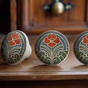 Red Tulip Decor Art Nouveau Art Deco Ceramic Knob