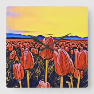 Red Tulip Field Painting Acrylic Wall Clock