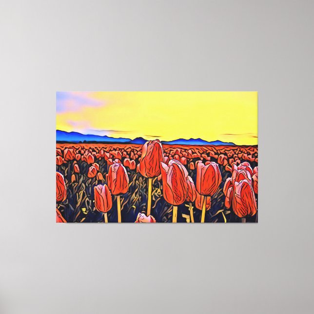 Red Tulip Field Painting Stretched Canvas Print (Front)