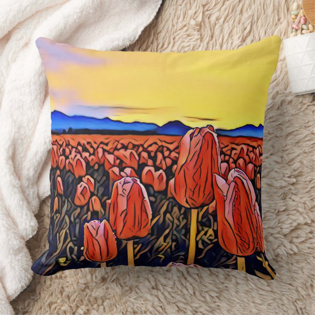 Red Tulip Field Painting Throw Pillow (Blanket)