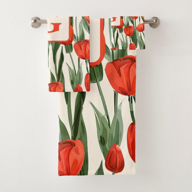 Red tulip field pattern personalised monogram  bath towel set (Insitu)