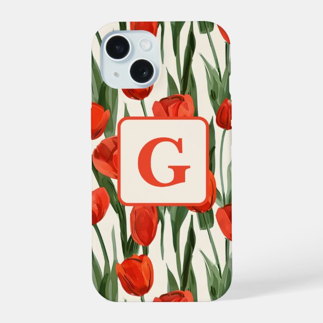 Red tulip field pattern personalised monogram  iPhone 15 case (Back)