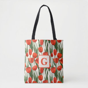 Red tulip field pattern personalised monogram  tote bag