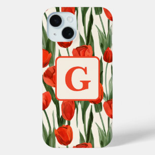 Red tulip field pattern personalized monogram  iPhone 15 case