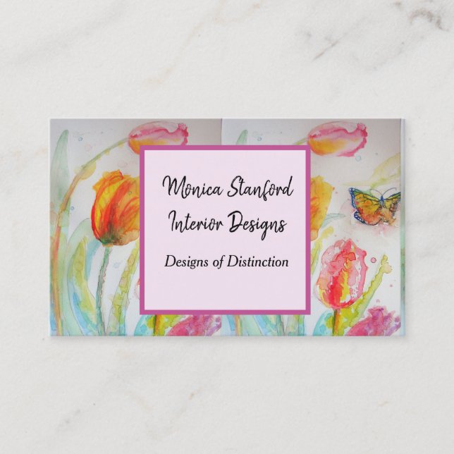 Red Tulip Floral Flowers Watercolour Business Card (Front)