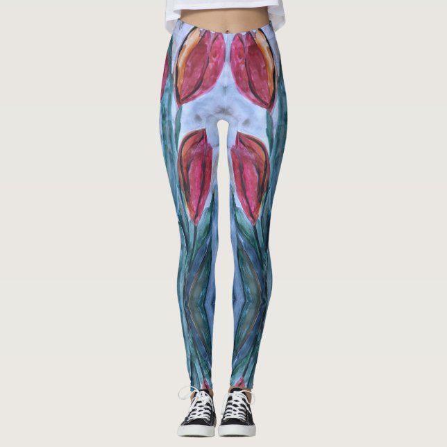 Red Tulip Floral Leggings (Front)